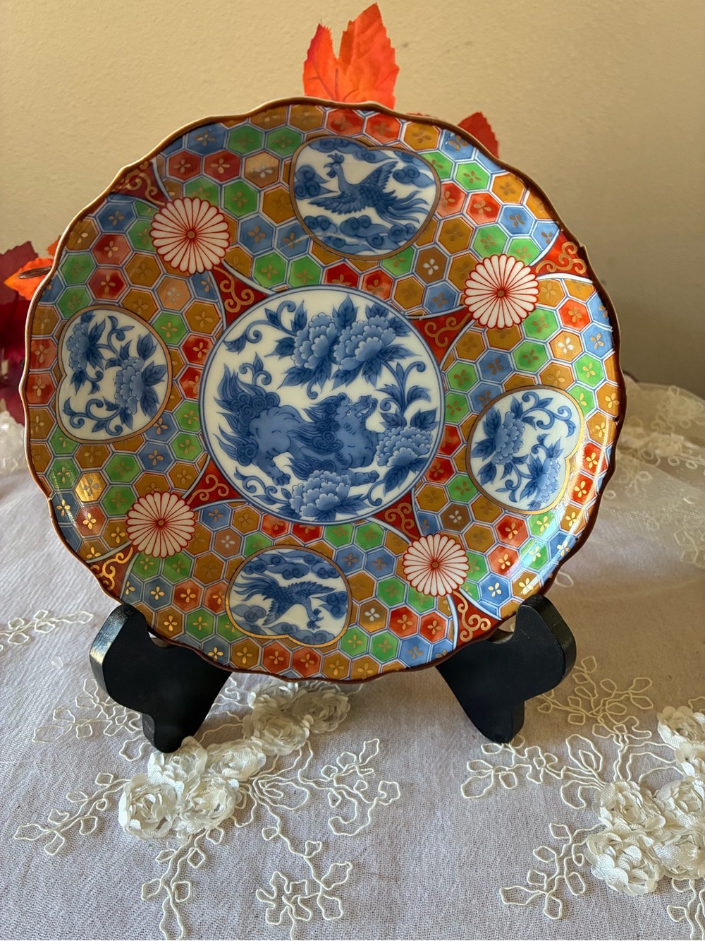 Hand-Painted Multicolor Decorative Porcelain Plate - Blue Floral Center